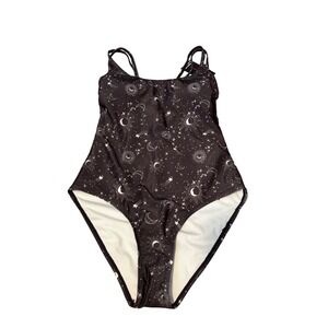 No Boundaries One Piece Swimsuit M Black Celestial Sun Moon Star High Leg NWT